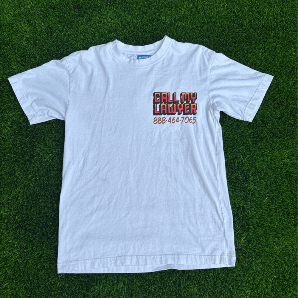 White Graphic Tee with 'Call My Lawyer' Print